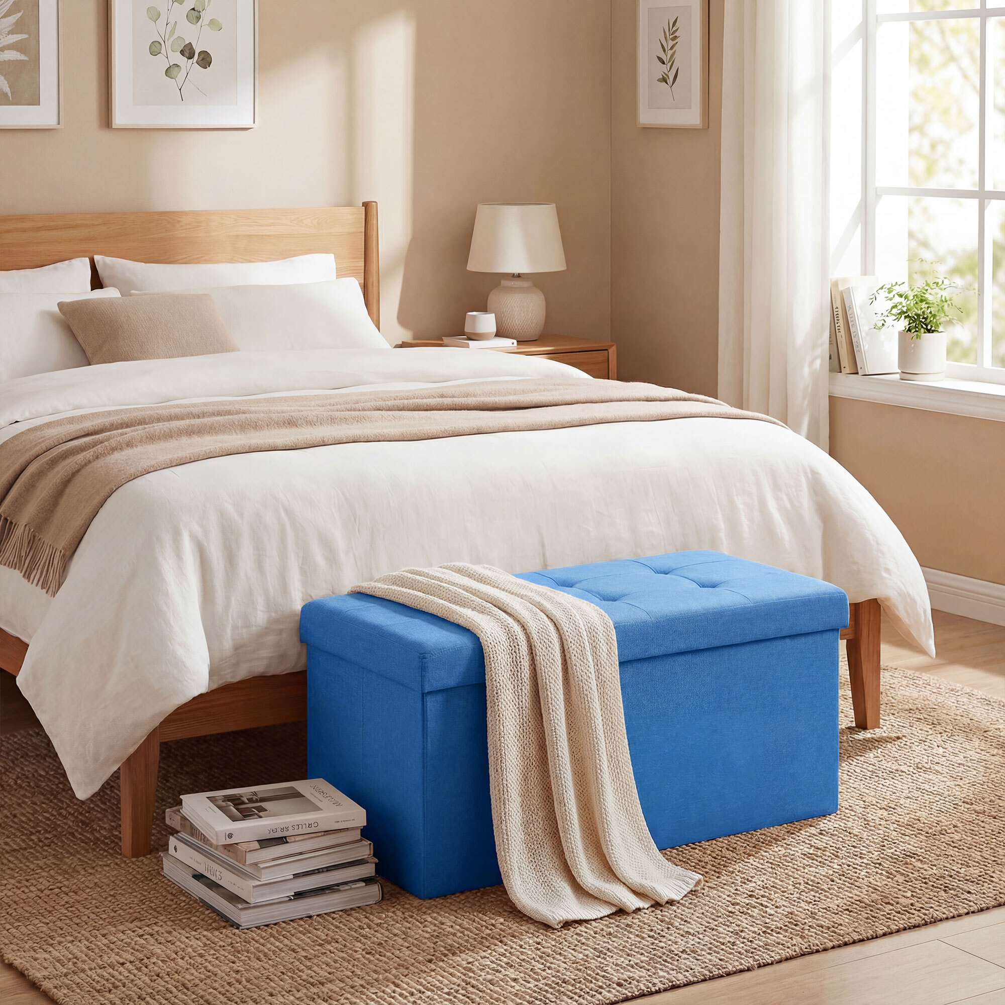 Puff Almacenaje, Banco Almacenaje Plegable, 84 L, 76x38x38 cm, Tapizado en Lino Sintético, Baúl de Almacenamiento, Carga 120 kg, Taburete para Sala de Estar, Dormitorio, Entrada, Azul Claro