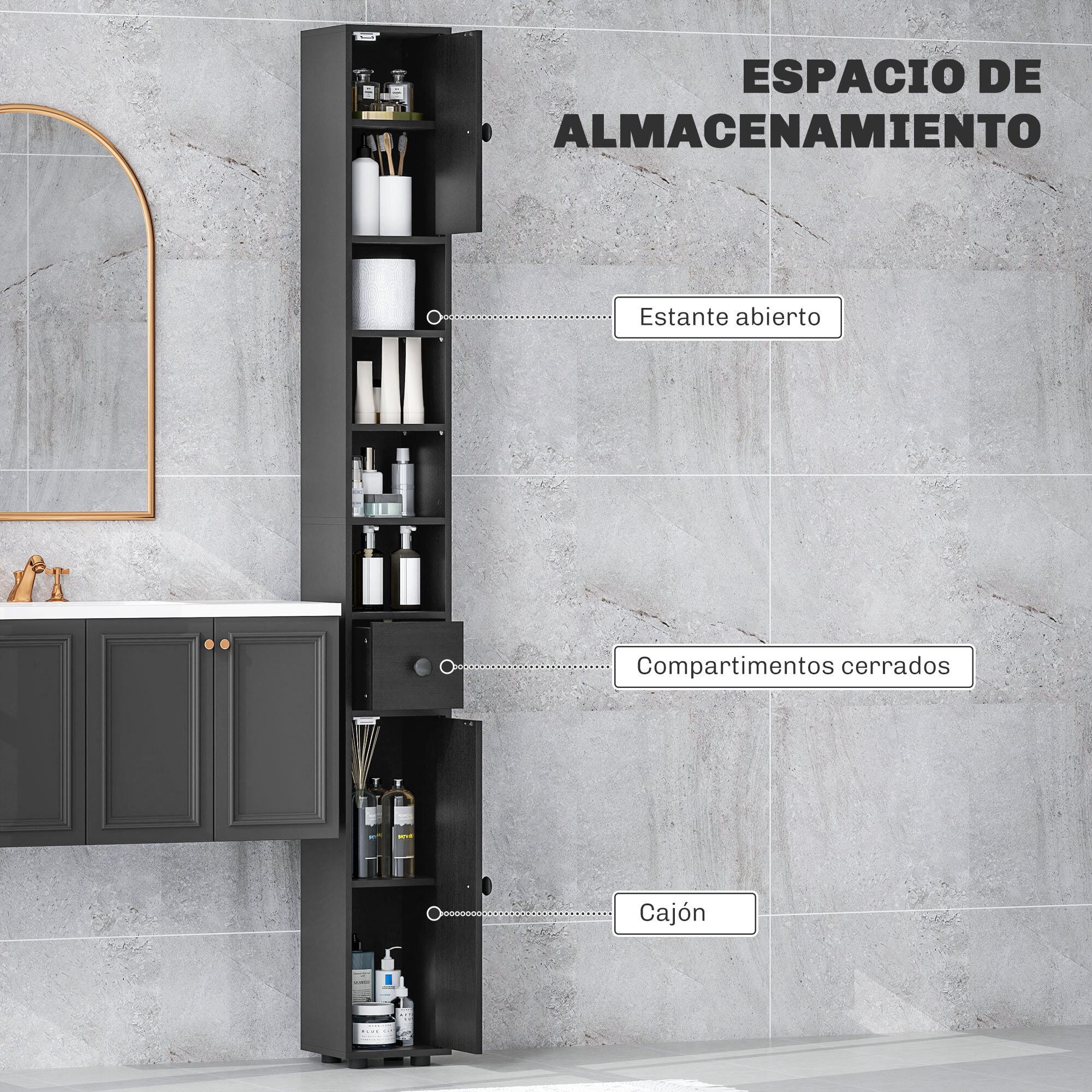Armario de Baño Alto, Columna de Baño Estrecha con 1 Cajón, 4 Estantes Abiertos y Estantes Ajustables, 2 Puertas, Estilo Moderno, para Espacios Pequeños, 20x20x180 cm, Negro