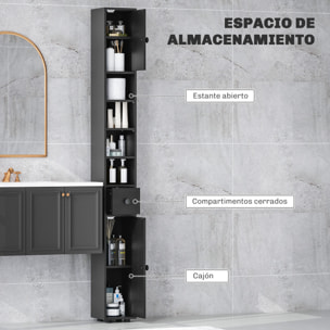 Armario de Baño Alto, Columna de Baño Estrecha con 1 Cajón, 4 Estantes Abiertos y Estantes Ajustables, 2 Puertas, Estilo Moderno, para Espacios Pequeños, 20x20x180 cm, Negro