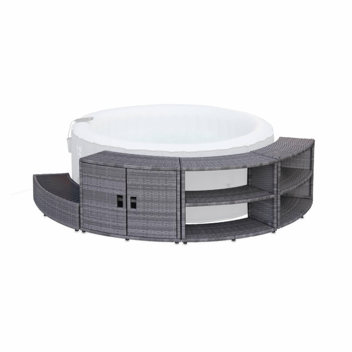 Cadre pour spa. contour en résine tressée grise pour spa rond avec armoire étagères et marche pieds