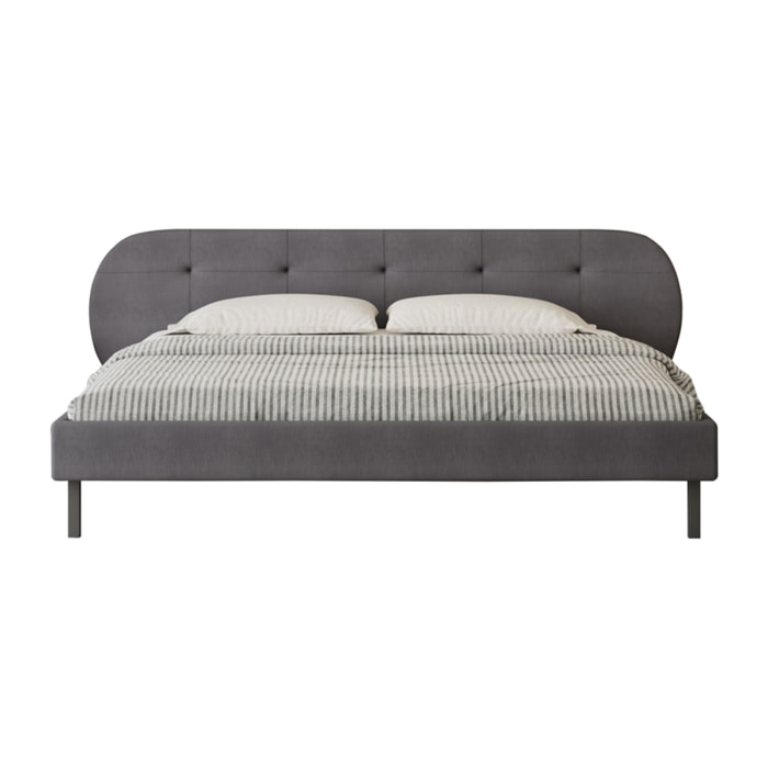 RENO Lit capitonné 160x200cm gris avec tête de lit et sommier