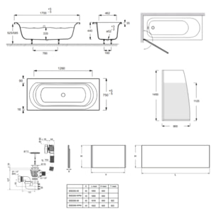 Baignoire droite 170 X 75 Elise acrylique + pare bain volet gauche + tablier en angle + vidage