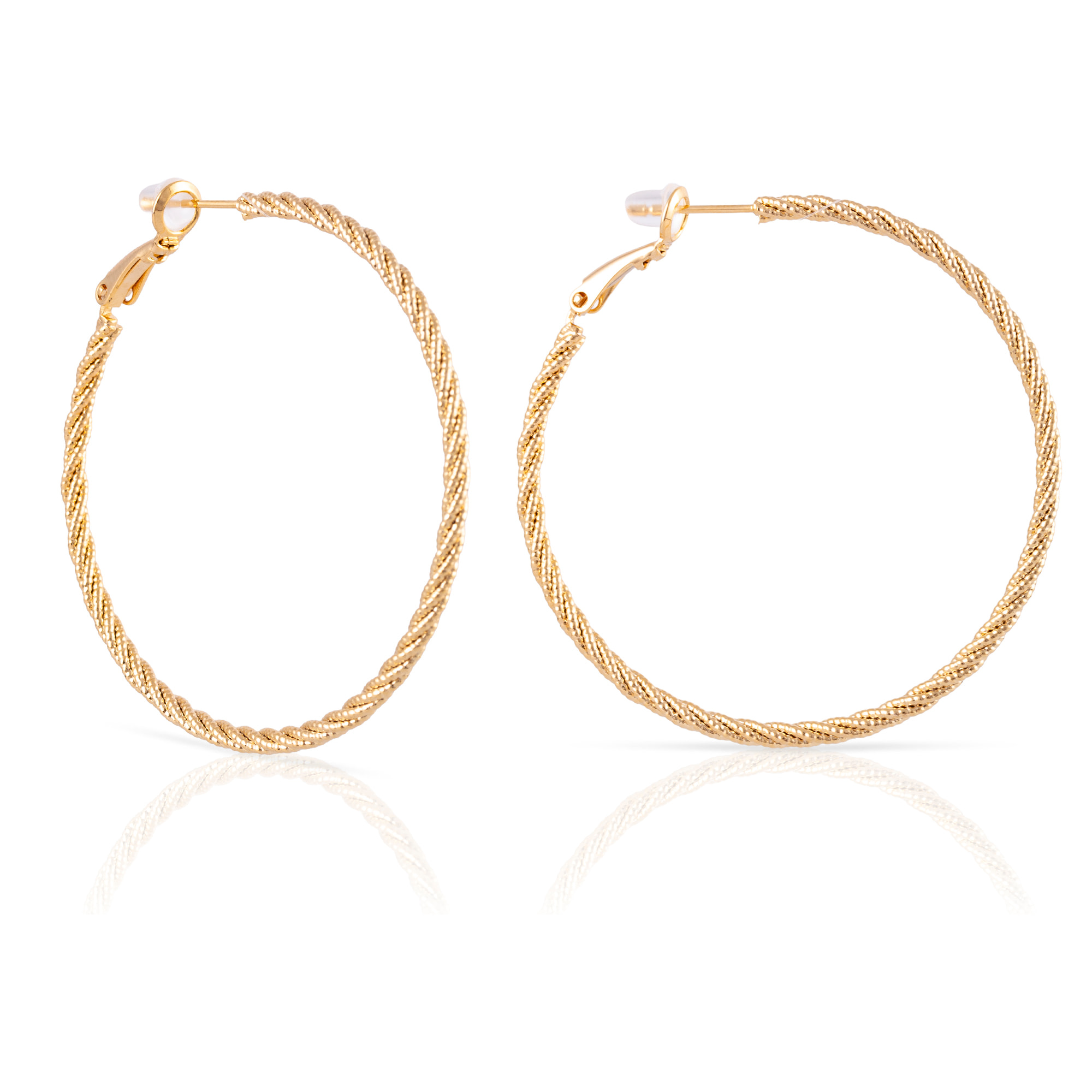 Pendientes de aro trenzado de cobre con baño de oro auténtico y acabado brillante, 50 mm, cierre catalán de plata de ley 925 con acabado dorado electroplateado.