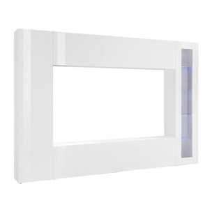 Parete attrezzata da soggiorno, Made in Italy, Base porta TV e pensili e scaffali, Set salotto moderno, cm 260x30h180, colore Bianco lucido, con luce LED blu ed una vetrina