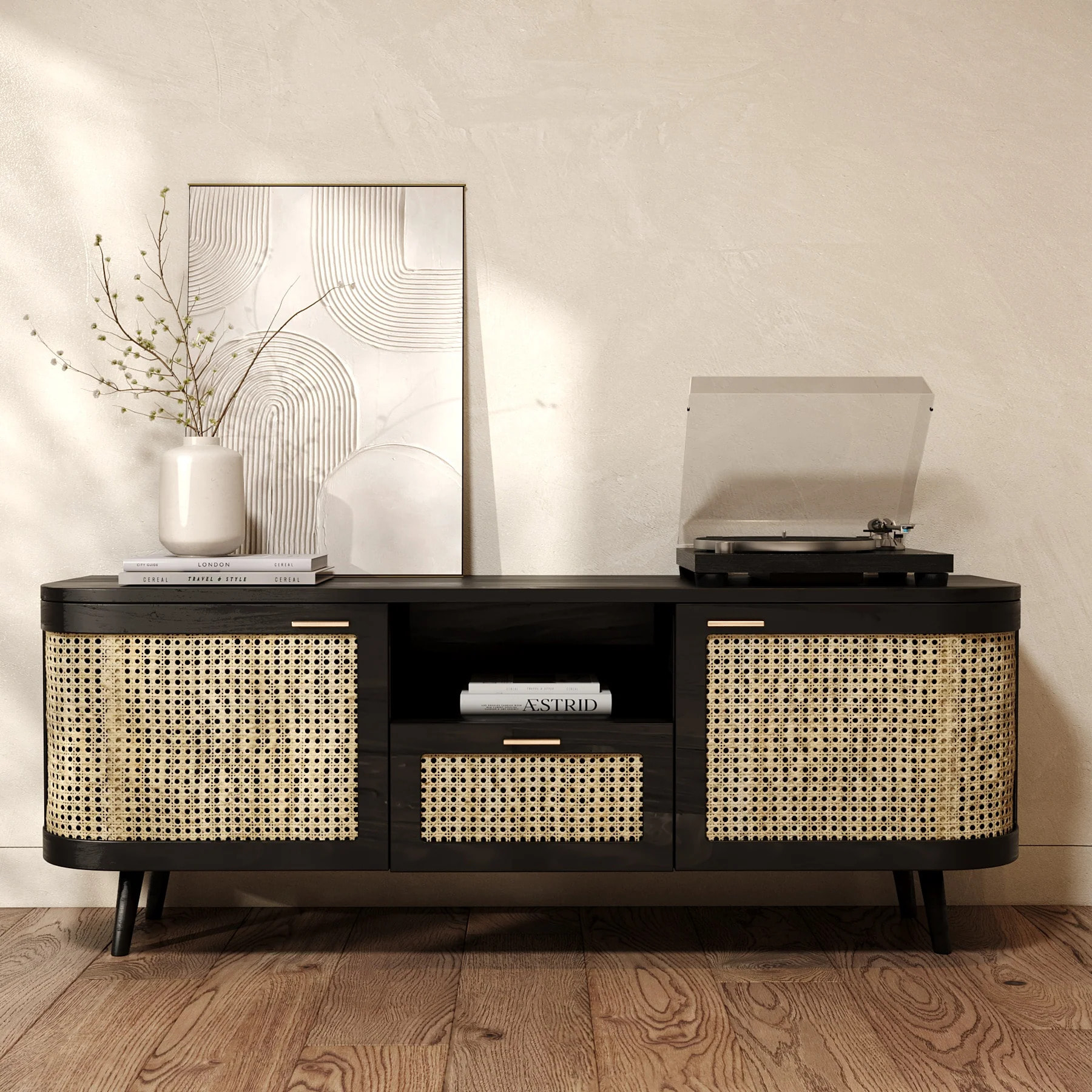 Meuble TV en bois de manguier et cannage 145 cm - Wendy