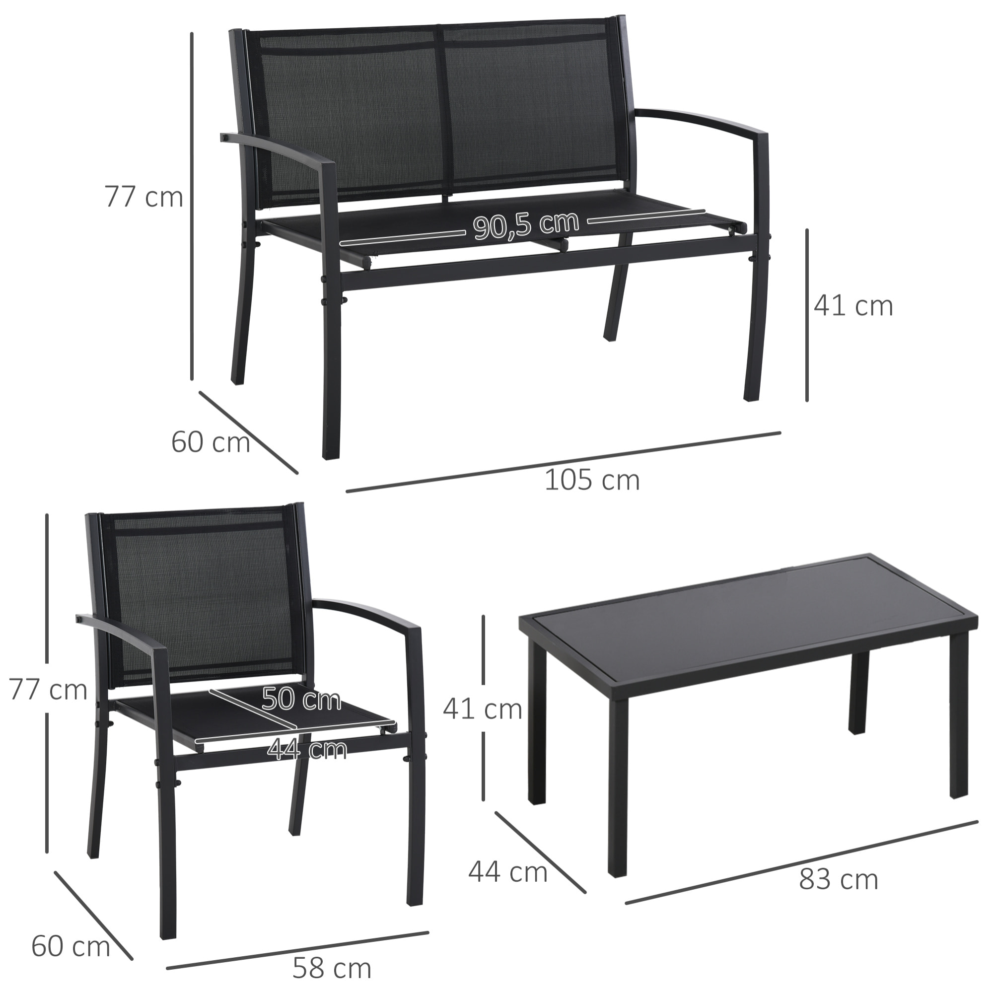 Outsunny Conjunto de Muebles de Jardín 4 Piezas Muebles Jardín Exterior con 2 Sillones 1 Sofá de 2 Plazas y Mesa de Centro con Tablero de Vidrio Templado Negro