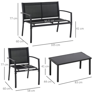 Outsunny Conjunto de Muebles de Jardín 4 Piezas Muebles Jardín Exterior con 2 Sillones 1 Sofá de 2 Plazas y Mesa de Centro con Tablero de Vidrio Templado Negro