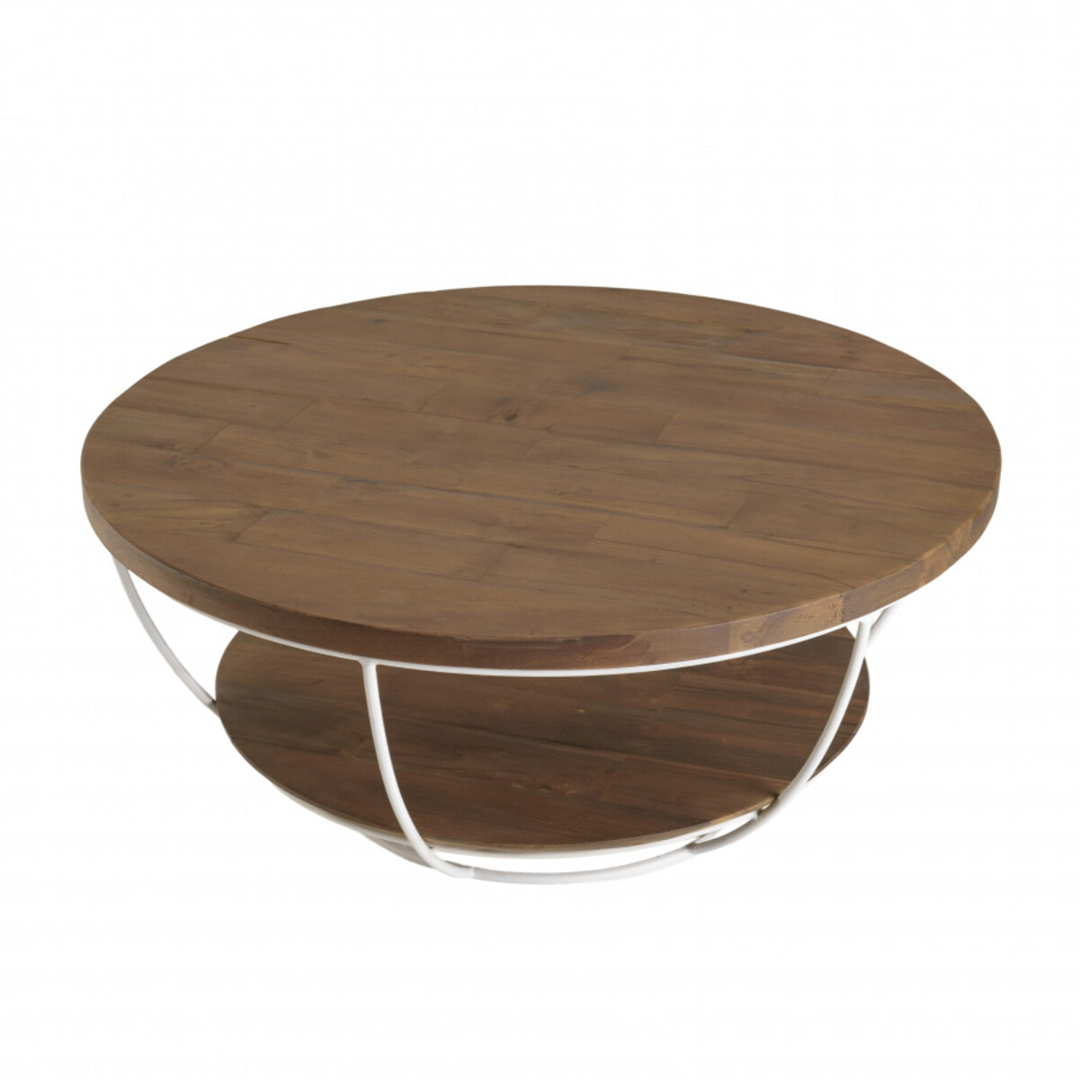 ALIDA - Table basse coque ronde 80x80cm double plateau teck recyclé métal blanc