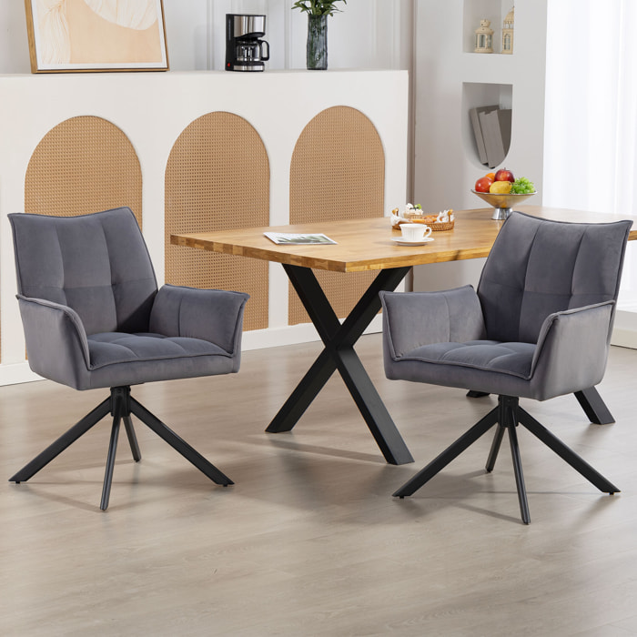 Juego de 2 Sillas de Comedor Giratorias 360°, Sillas de Cocina con Reposabrazos, Respaldo Acolchado, Tapizado en Terciopelo, Patas de Acero, para Oficina, Conferencia, Sala de Estar, Gris