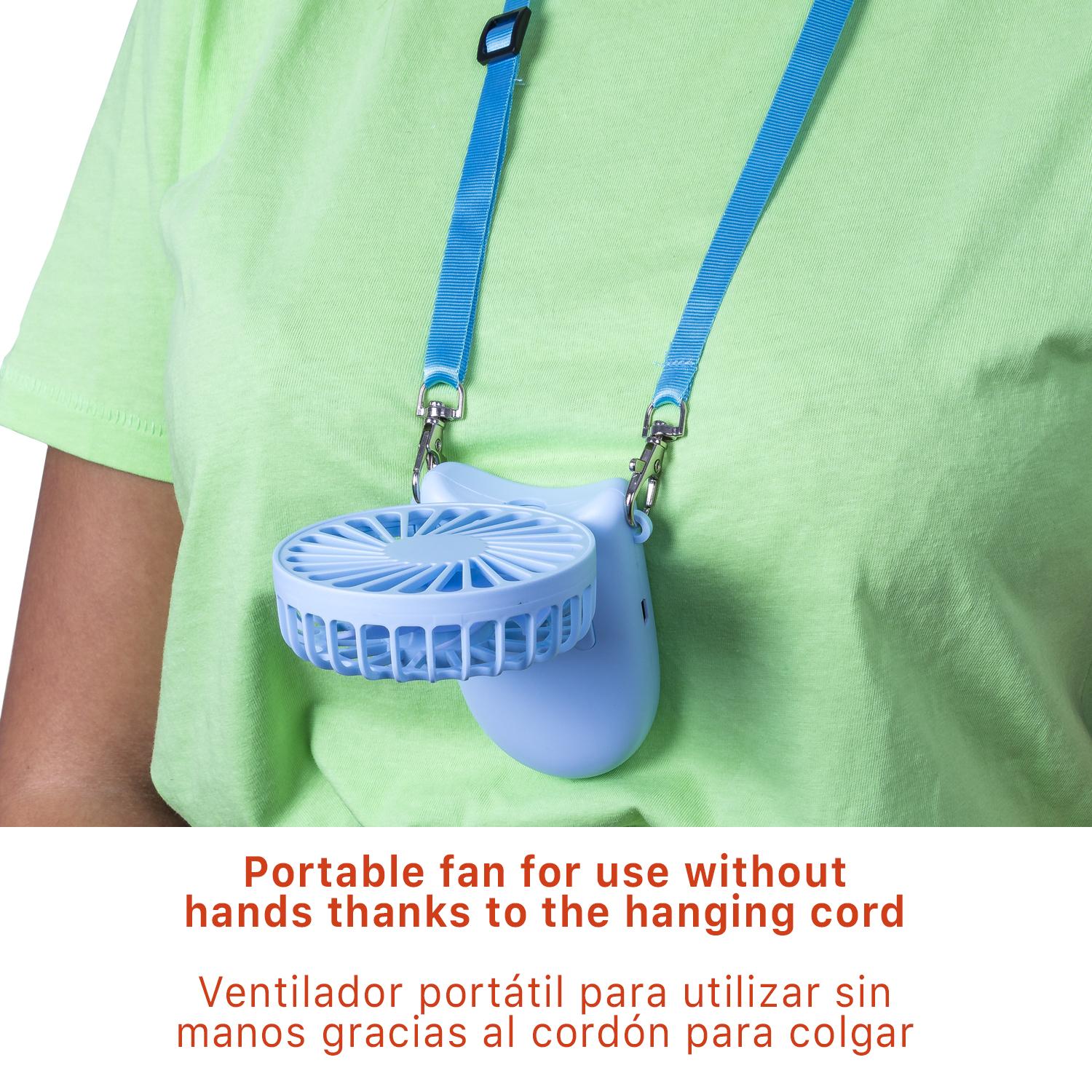 Mini ventilador de mano con bateria recargable con lanyard para llevar colgado.