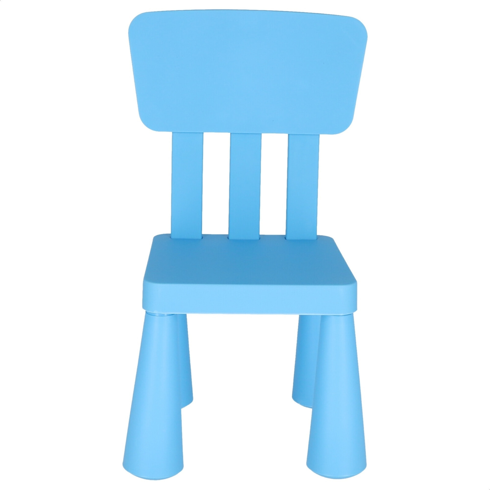 Silla infantil azul en plástico fuerte y resistente, l:38 cm x f:35 cm x h:67 cm