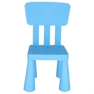 Silla infantil azul en plástico fuerte y resistente, l:38 cm x f:35 cm x h:67 cm