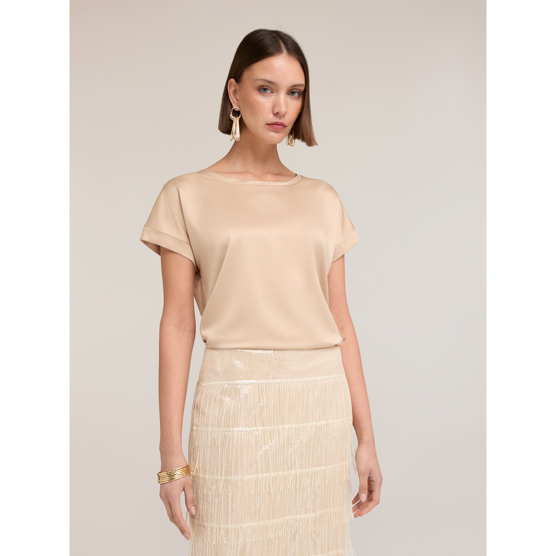 Motivi - T-shirt bimaterica misto cotone - Beige