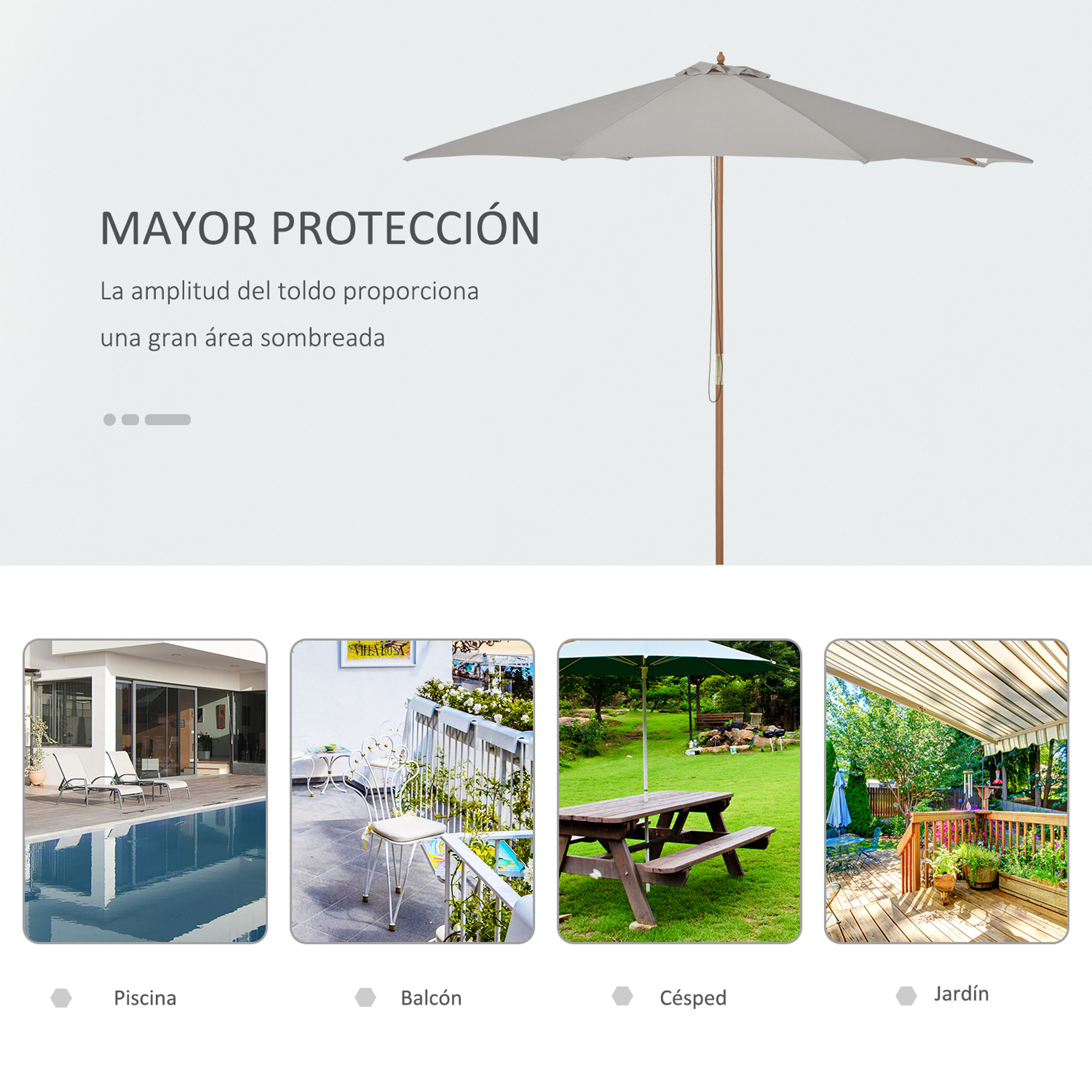 Sombrilla Parasol de Jardín Ø300x250cm con Techo Ventilado y Poste Madera Gris