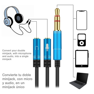 Convertitore splitter da doppio minijack femmina (microfono e altoparlante) a minijack maschio. Usa le cuffie per PC con microfono sul tuo smartphone e tablet.