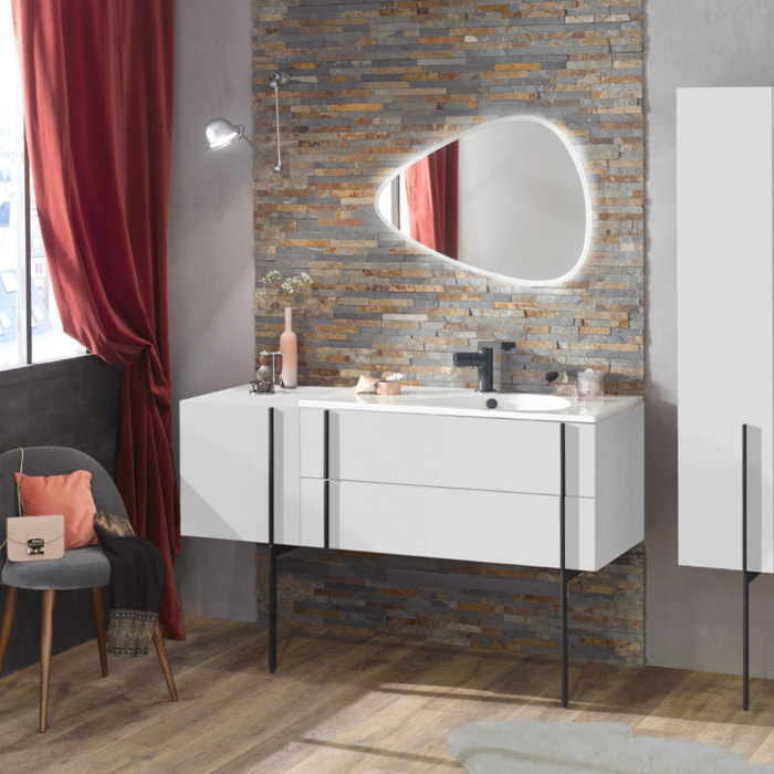 Meuble vasque 145 cm Nouvelle Vague blanc brillant + tiroir rack + colonne + miroir + pied