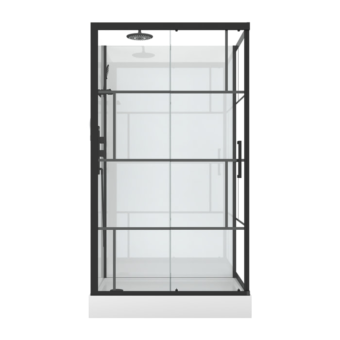 Cabine de douche 110x80cm / Receveur Haut - Verre transparent sérigraphié et Blanc - Profilés Noir