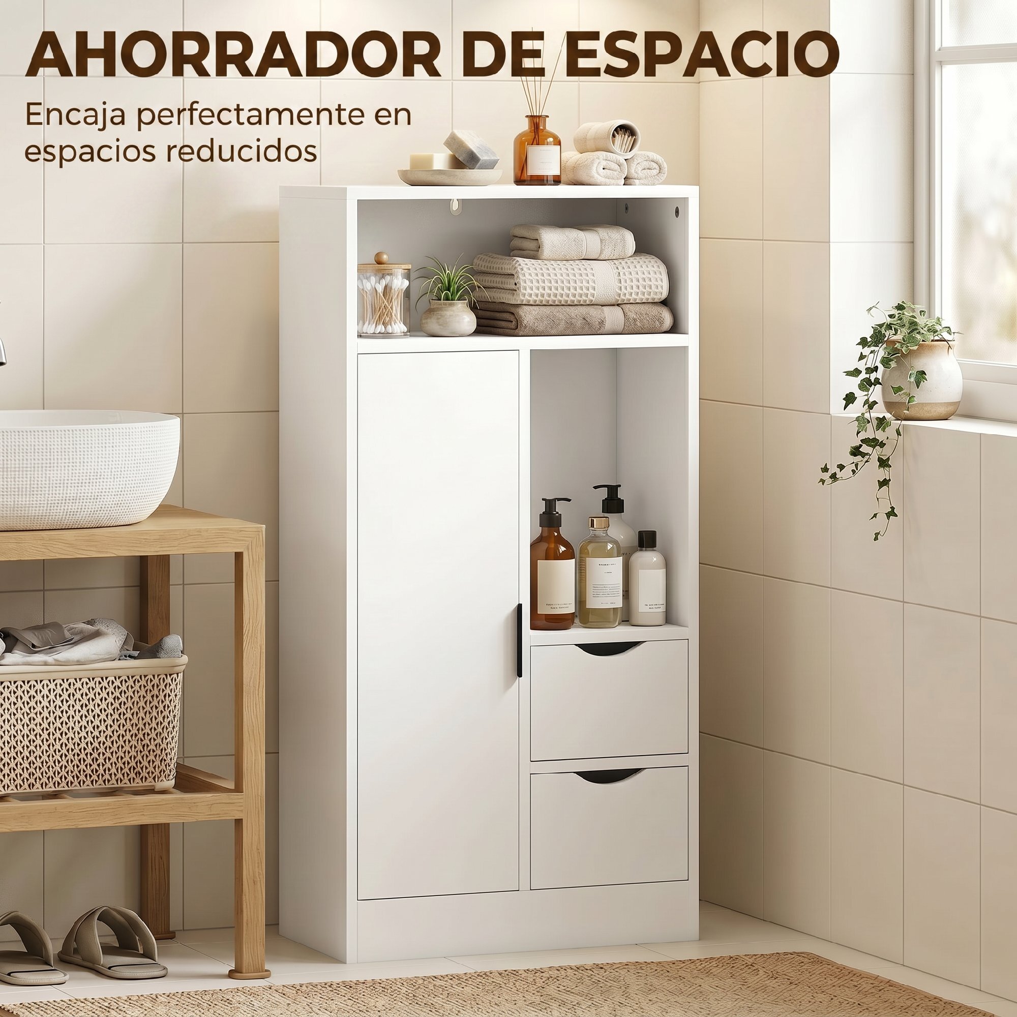 Mueble de Baño Estrecho Armario de Baño con 2 Cajones Compartimento Abierto y Estante Ajustable para Espacio Pequeño Cocina Salón 50x25x100 cm Blanco