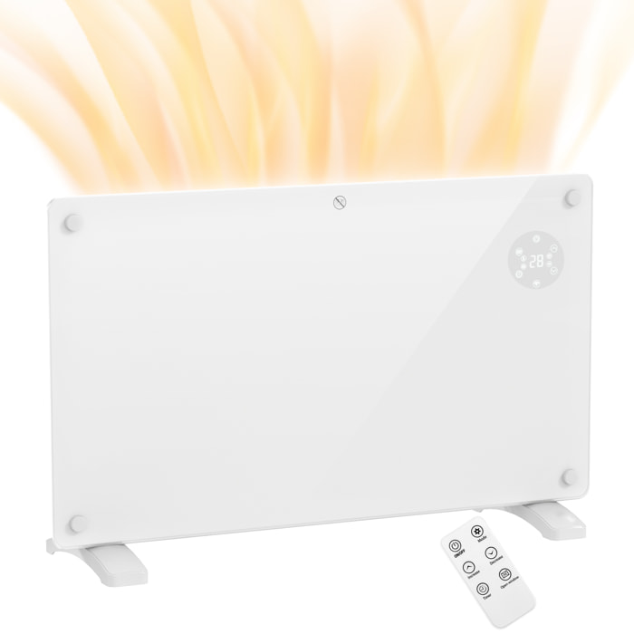 Radiateur à convection 1500W mural autoportant - affichage LED, timer 24h, thermostat, télécommande - verre blanc