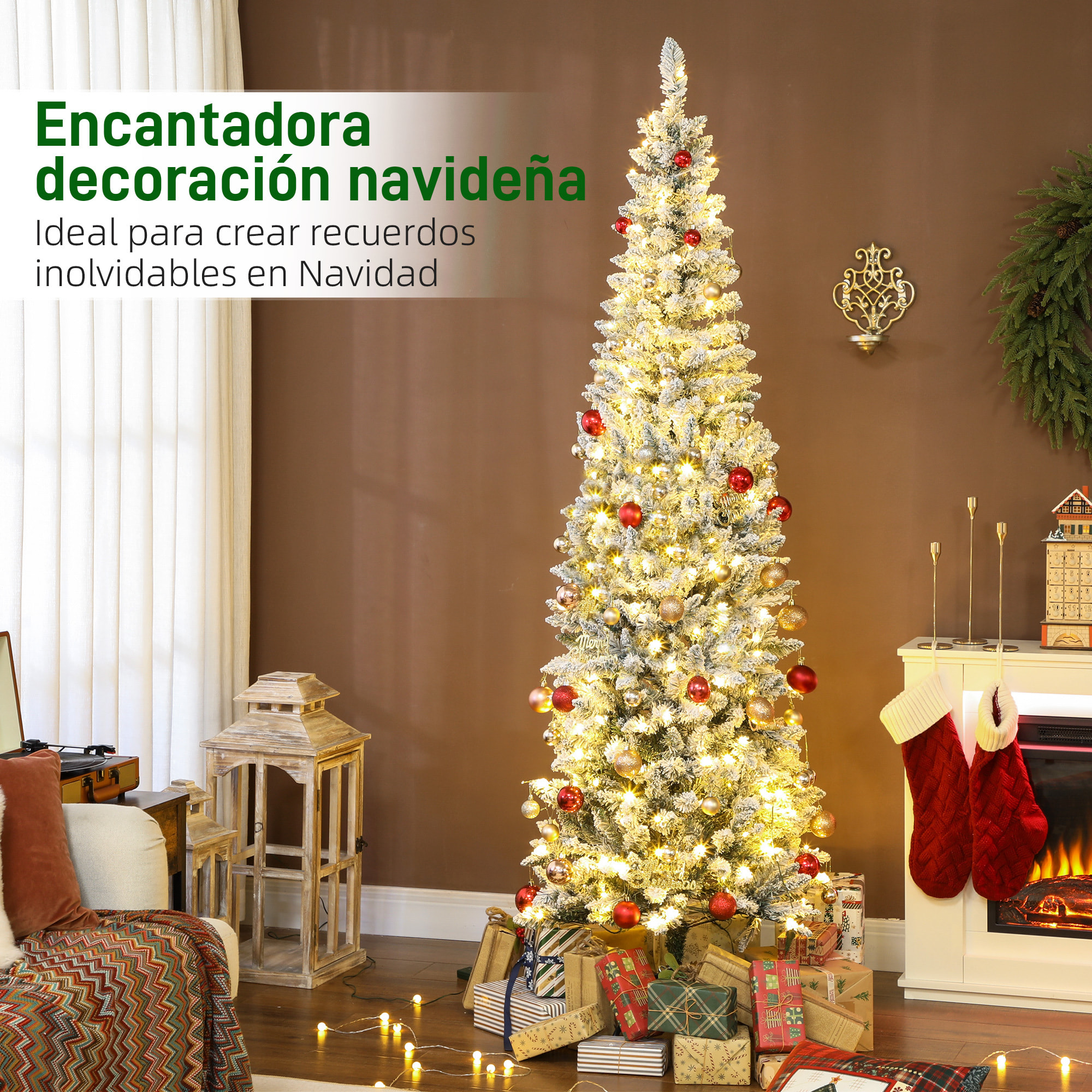 Árbol de Navidad Estrecho 210 cm, Árbol de Navidad Nevado con Luces LED Bicolores, 11 Modos de Iluminación, 687 Ramas, Soporte Metálico, Fácil de Montar, Verde