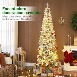 Árbol de Navidad Estrecho 210 cm, Árbol de Navidad Nevado con Luces LED Bicolores, 11 Modos de Iluminación, 687 Ramas, Soporte Metálico, Fácil de Montar, Verde
