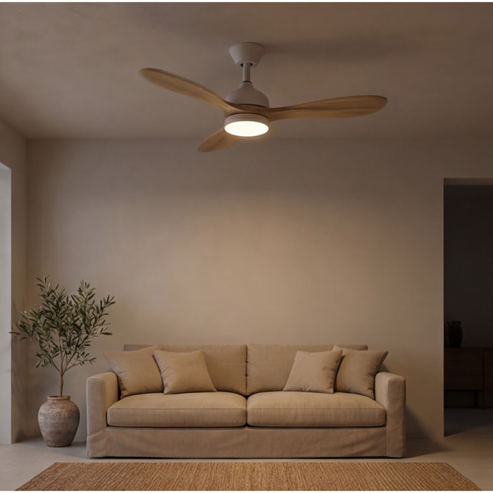 Forlight Calar ventilador con selector de temperatura en color blanco y las palas de madera