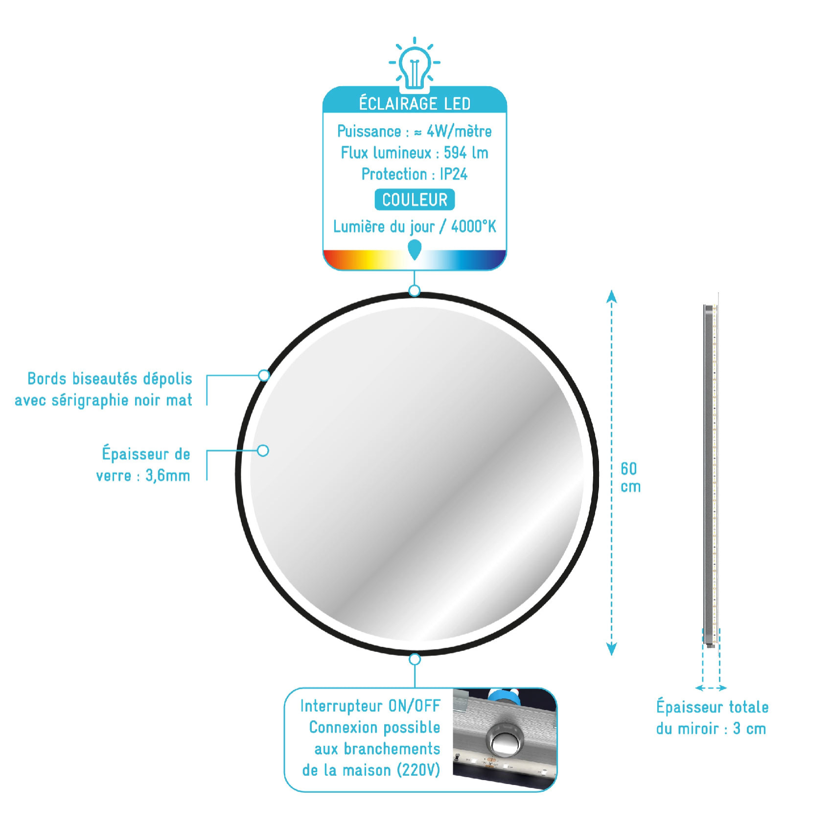 Miroir rond à leds - Noir