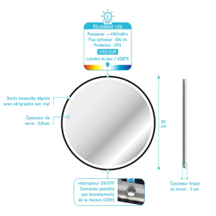 Miroir rond à leds - Noir