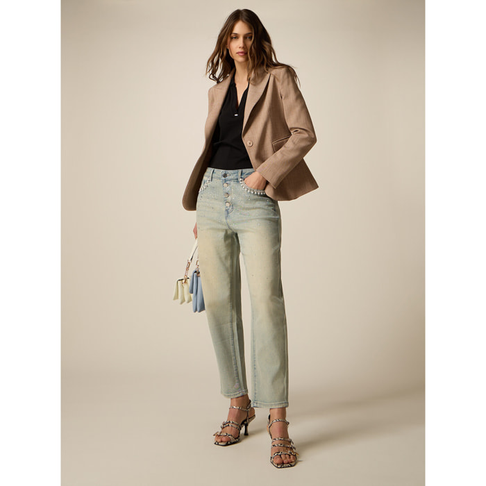 Oltre - Jeans boyslim stone bleached con applicazioni gioiello - Azzurro