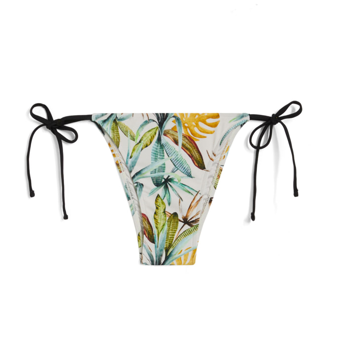 Slip bikini stampa foliage tropical con chiusura a laccetti