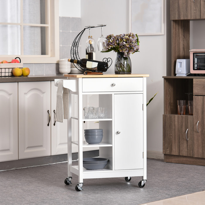 Desserte cuisine - chariot de service - porte, 3 étagères, tiroir, porte-serviettes - blanc plateau bois hévéa verni