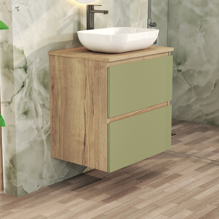 Conjunto de Baño Nia | Mueble Suspendido | 60 cm Verde | Dos Cajones | Lavabo Sobrepuesto | No incluye Espejo | Mueble Montado| Alday