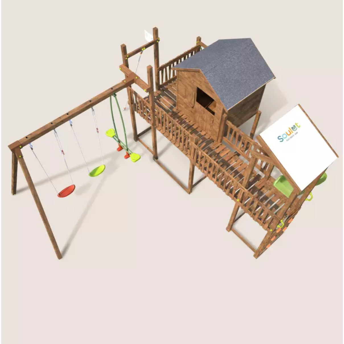 Aire de jeux pour enfant maisonnette avec portique et mur d'escalade - COTTAGE FUNNY