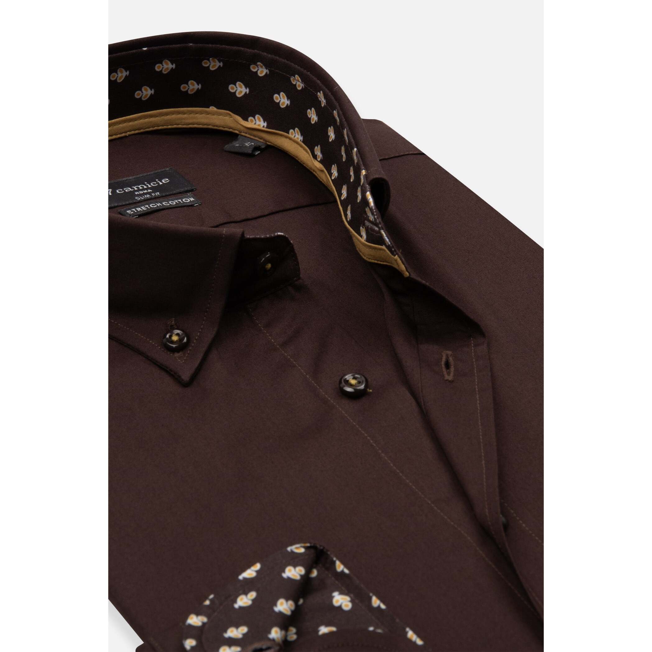 camicia uomo 1 bottone button down slim Popeline Stretch Unito Marrone