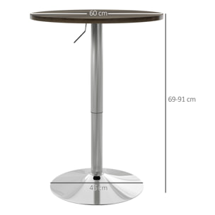 Mesa Alta Cocina, Mesa Alta Bar Redonda para 2 Personas, Altura Ajustable 69-91 cm, Tablero Giratorio 360°, Base de Acero, para Salón, Comedor, Cocina, 60x60x91 cm, Nogal