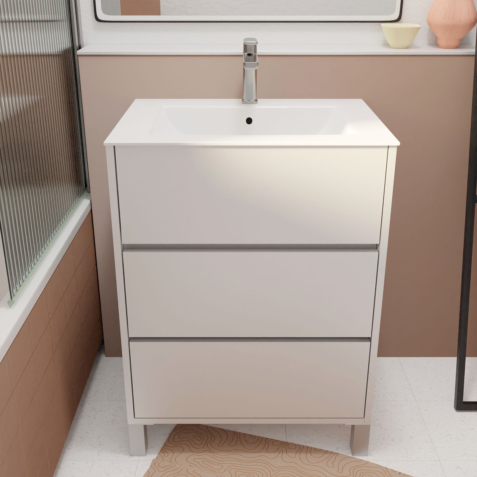 Pack Meuble Salle de Bains 60 cm Laqué Blanc, 3 tiroirs avec Vasque Céramique - XENOS