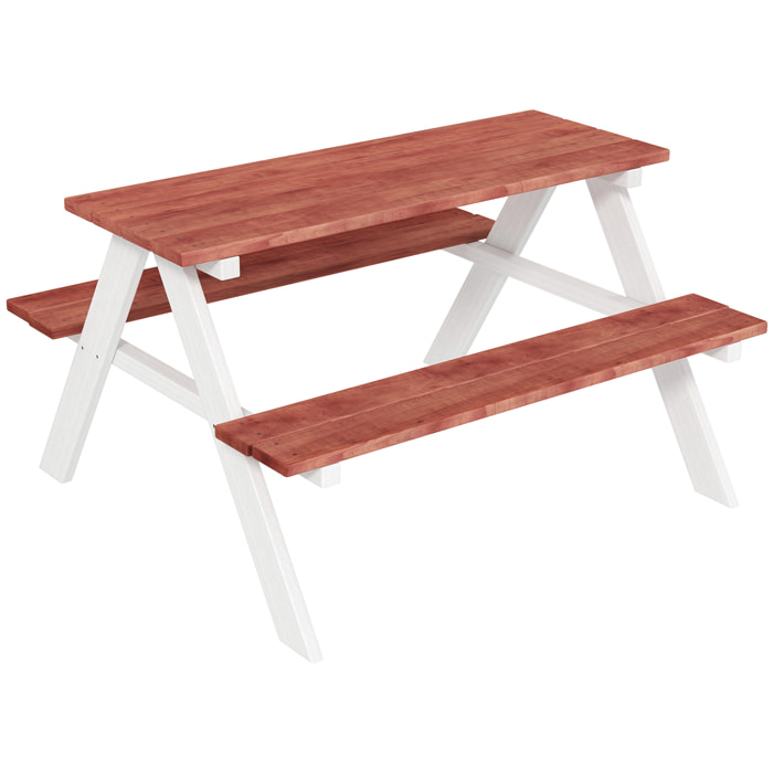Table de pique-nique enfant - 2 bancs - assises, plateau à lattes - bois sapin blanc brique
