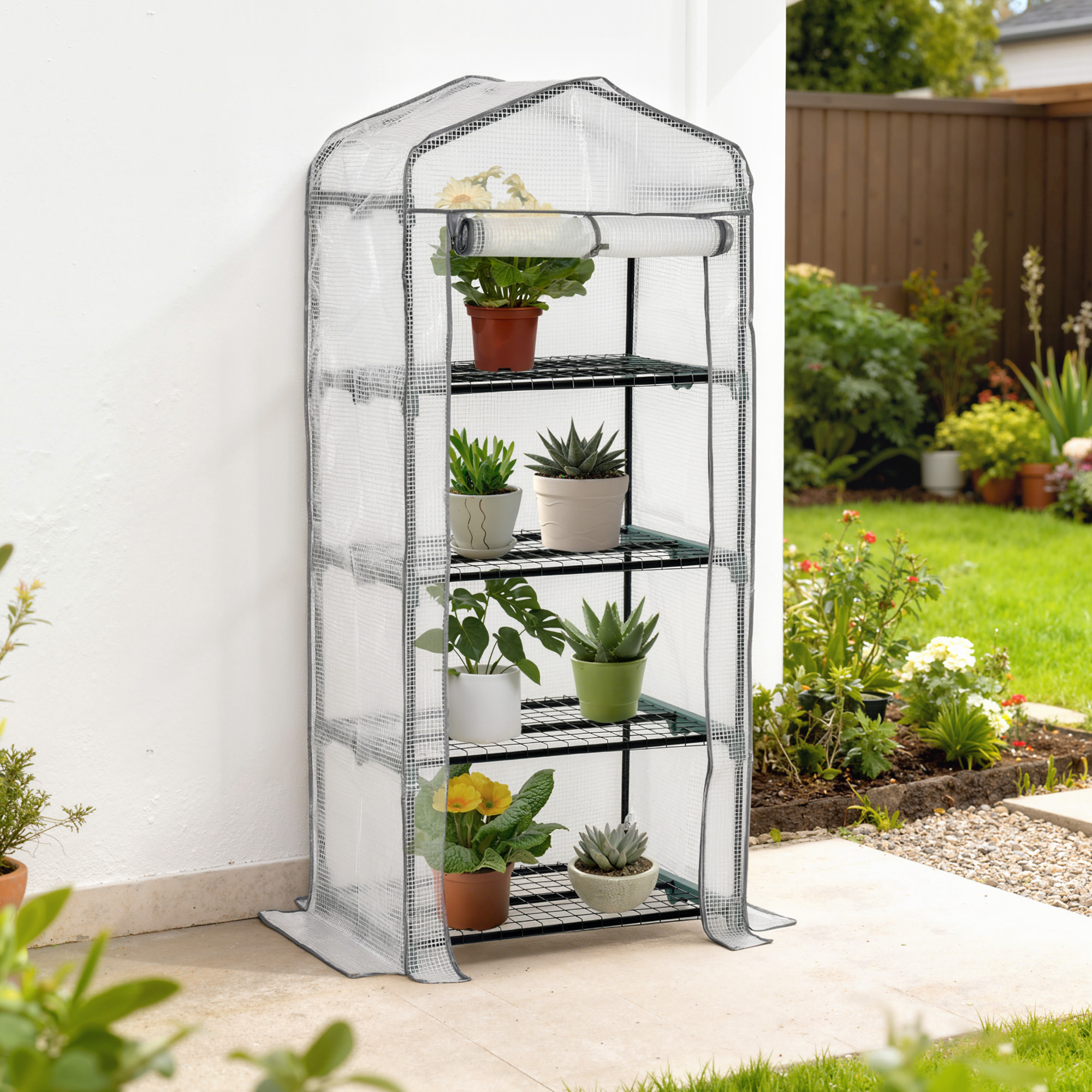 Serre de jardin balcon étagère serre 4 niveaux 0,7L x 0,5l x 1,6H m acier galvanisé bâche amovible PE haute densité blanc
