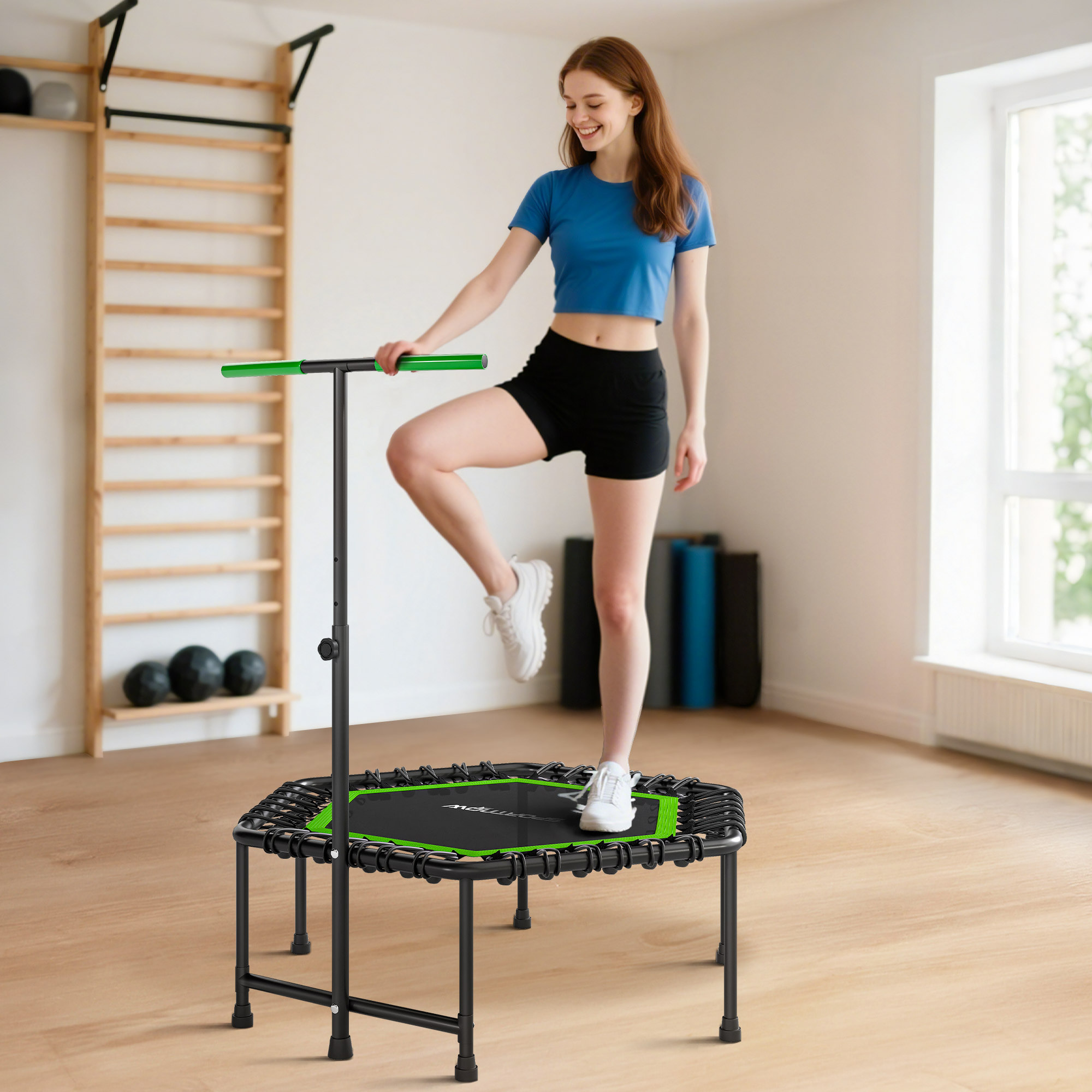 Trampolín de Fitness 114x114x132 cm Cama Elástica Fitness con Mango Ajustable de 3 Niveles Marco de Acero para Entrenamiento Piernas Cuerpo en Hogar Oficina Gimnasio Verde y Negro