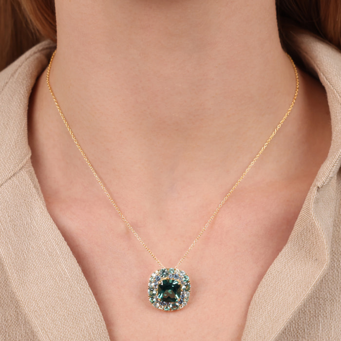 Collana Catena Rolo Golden in Argento 925 con Pendente in Pavé Misto di Cubic Zirconia Verdi Effetto Degradé