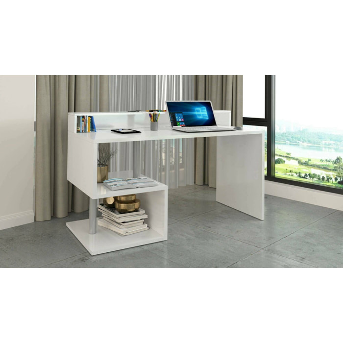 Scrivania Kobenhavn, Scrittoio lineare con ripiani portaoggetti, Scrivania ufficio multiuso con sopralzo, 140x60h93 cm, Bianco