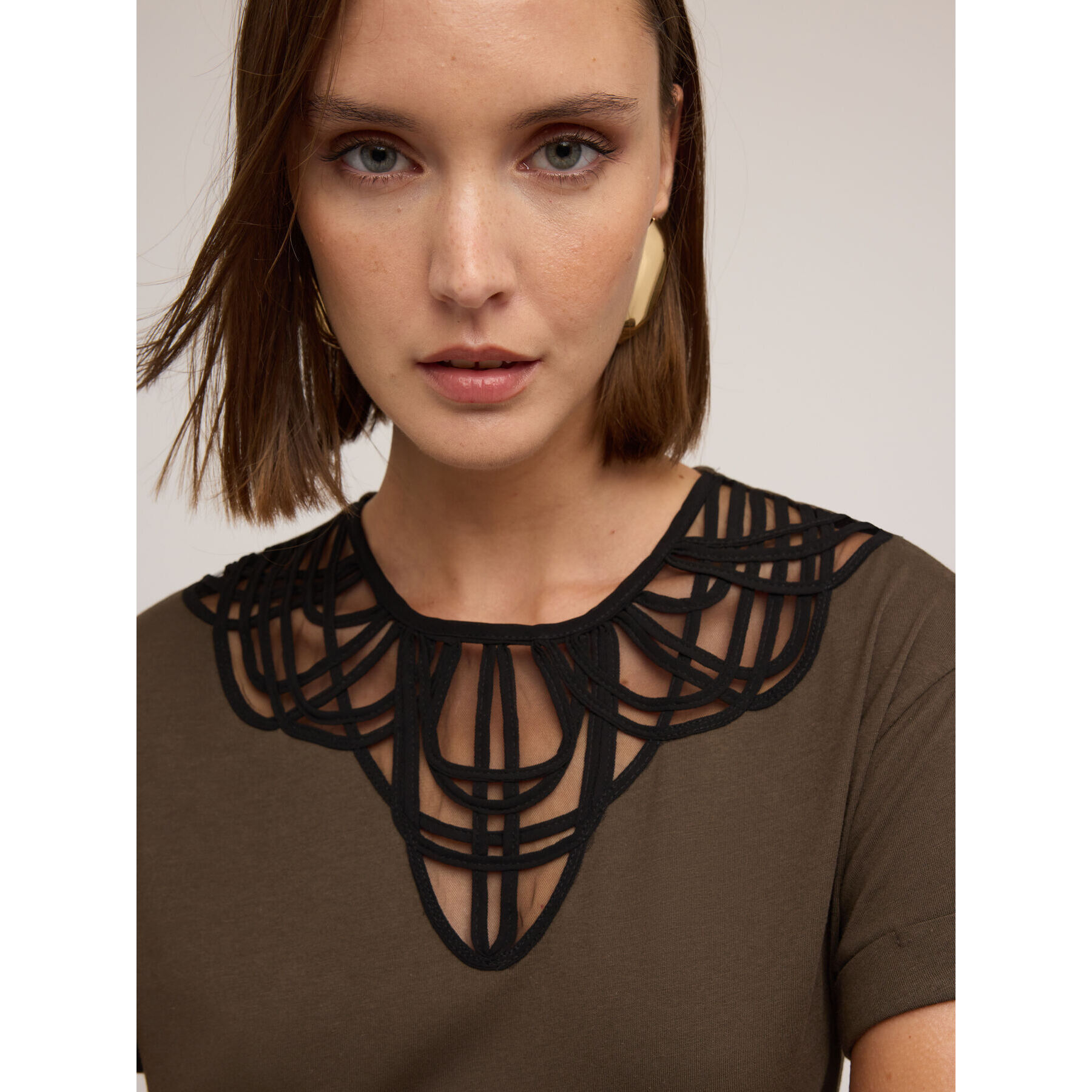 Motivi - Camiseta bordada de mezcla de modal - Verde militare