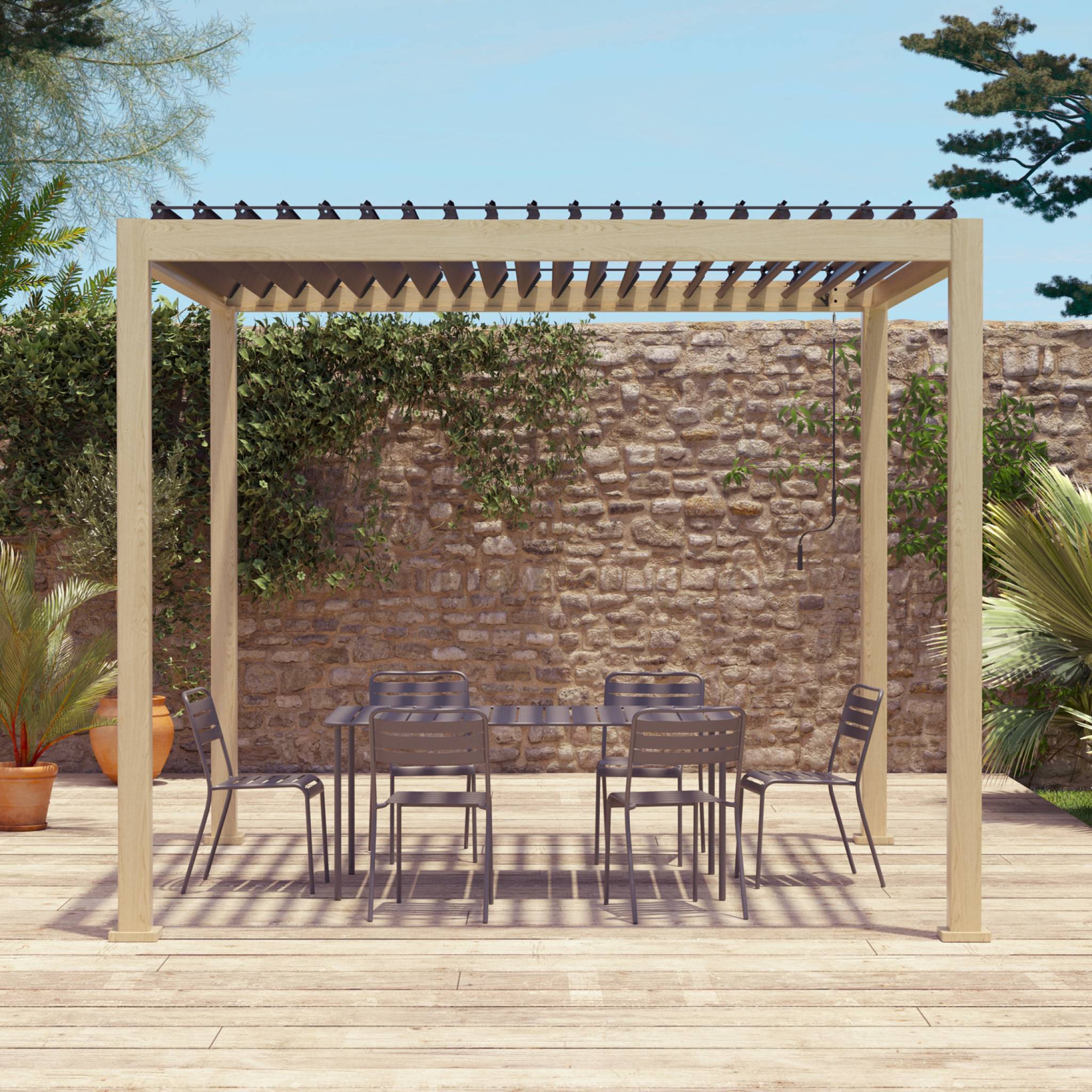 Pergola bioclimatique aluminium coloris bois Triomphe 3x3 m lames orientables