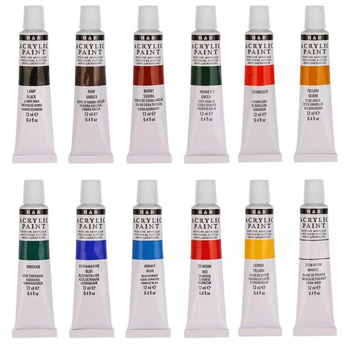 Set Pintura acrílica para lienzos 12 colores en tubo con caja de almacenamiento. Pigmentos ricos, no decoloran. No tóxicas.