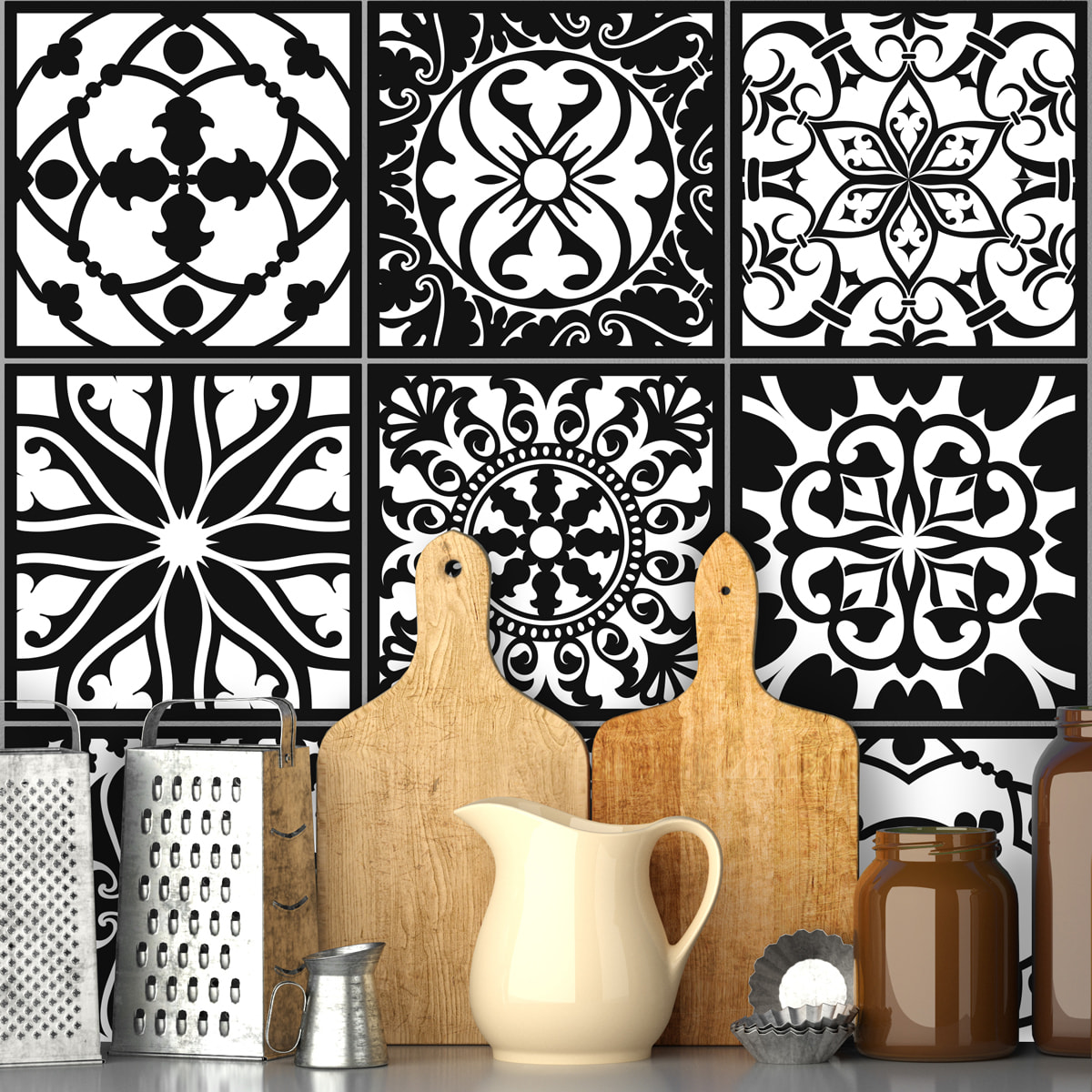 Stickers muraux - Sticker Mural Carrelage adhésif Cuisine Salle de Bain - 9 STICKERS CARRELAGES AZULEJOS BAROQUE NUANCE BLANC ET NOIR