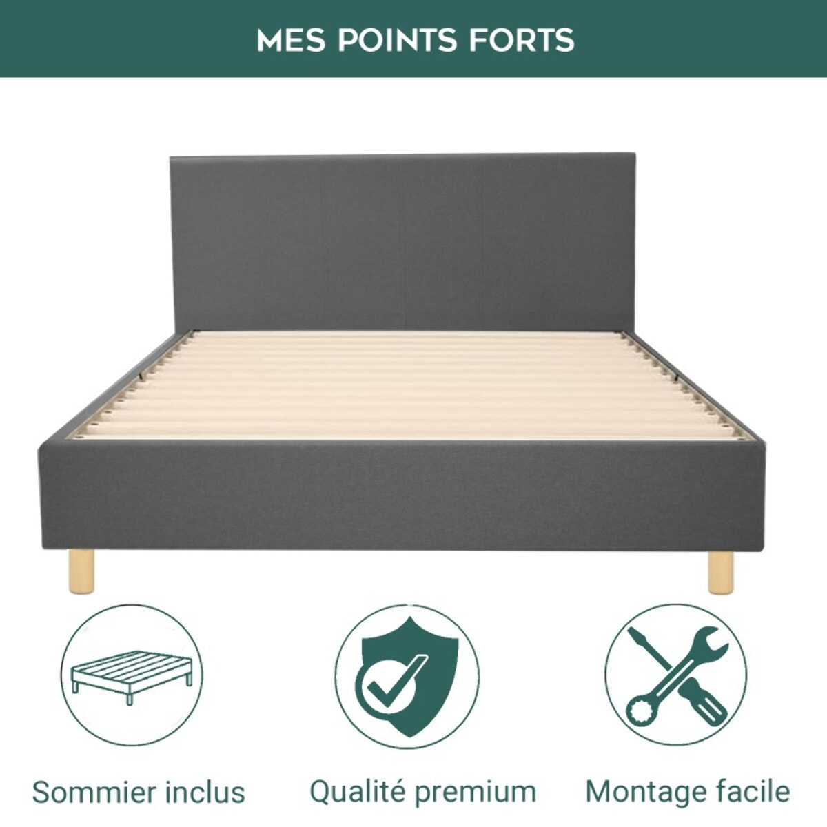 Ensemble Lit avec tête de lit & matelas | Mémoire de forme et ressorts ensachés | Cadre à lattes | Tissu | Gris foncé