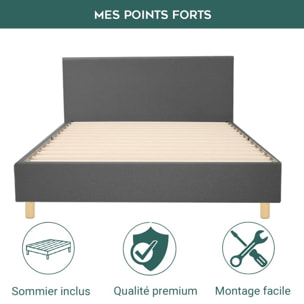 Ensemble Lit avec tête de lit & matelas | Mémoire de forme et ressorts ensachés | Cadre à lattes | Tissu | Gris foncé