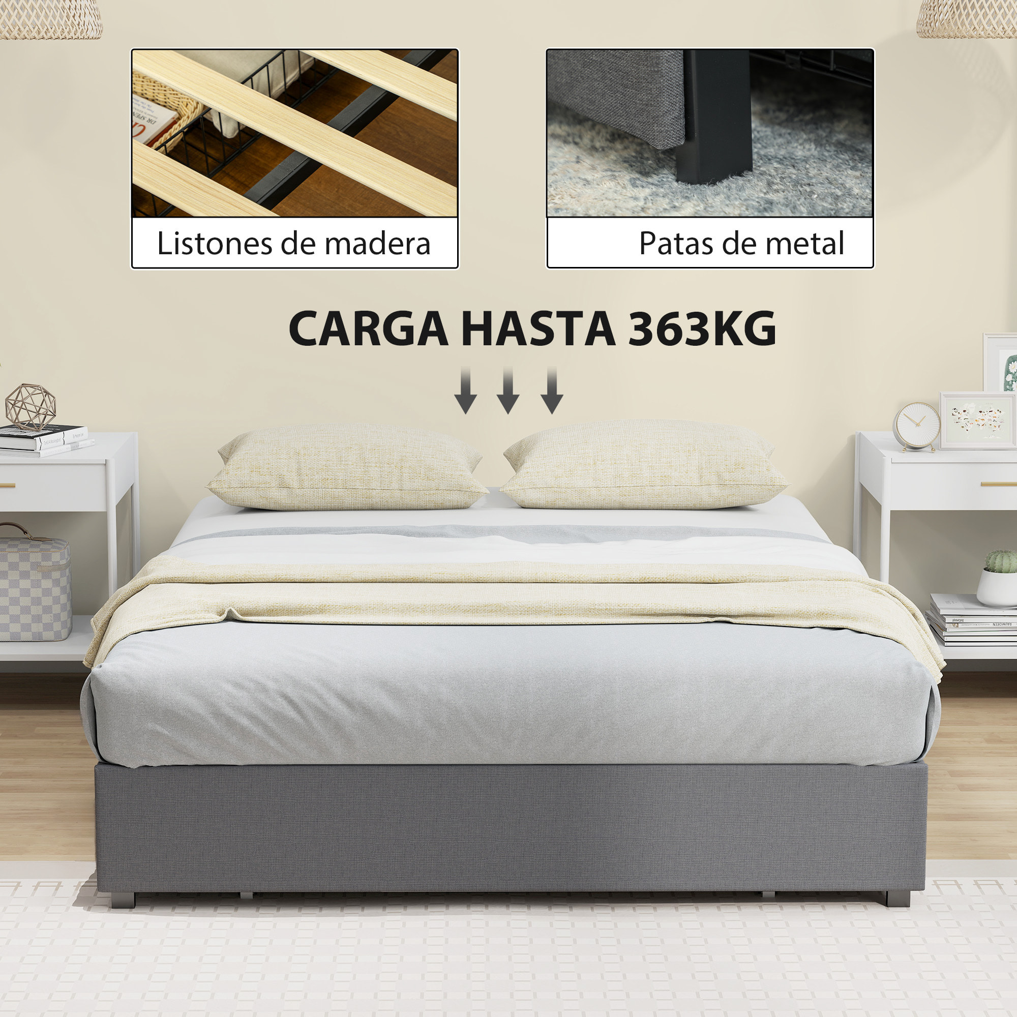 Cama Doble 140x190 cm Estructura de Cama Somier con 3 Cajones y Estructura de Metal Carga 363 kg Gris
