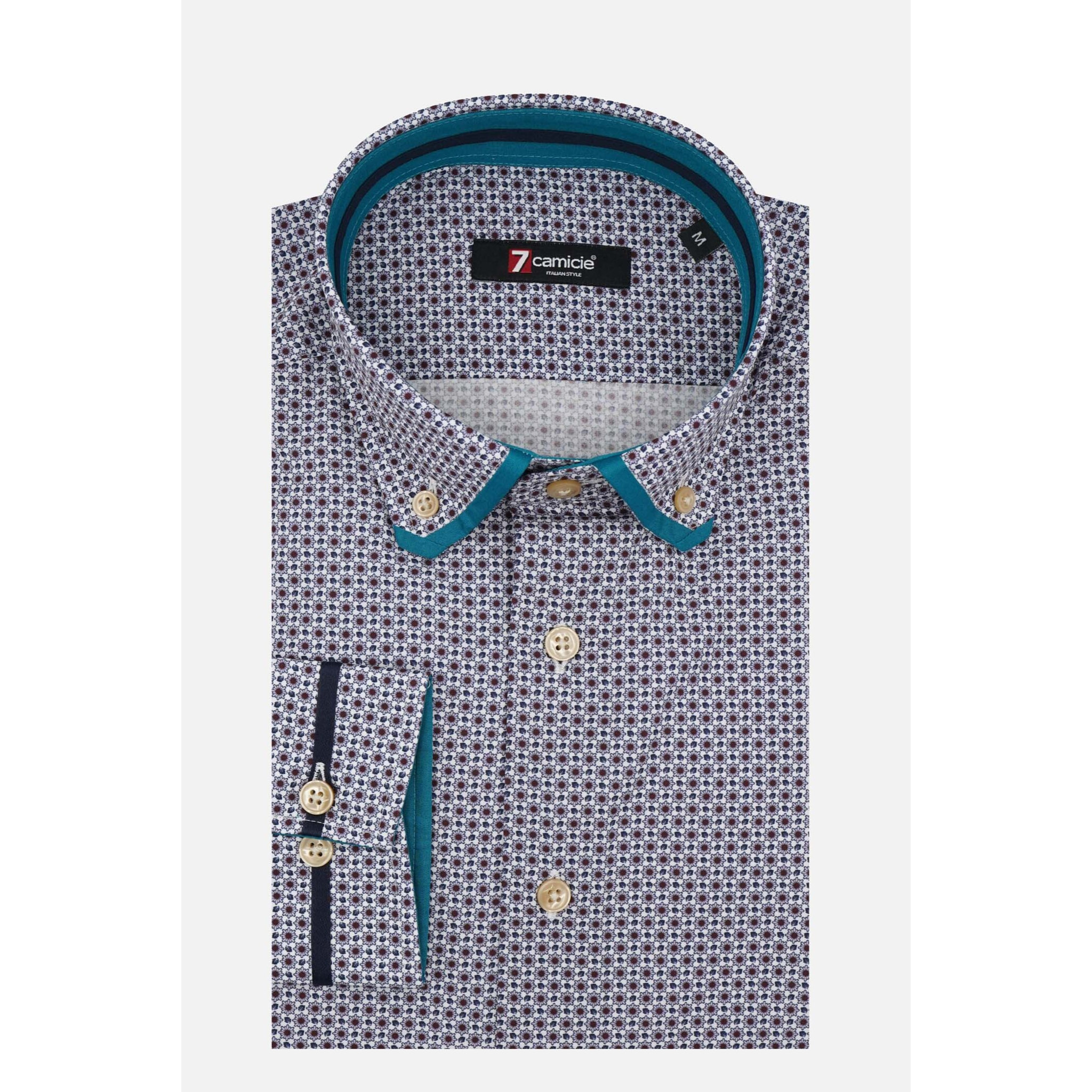 Camicia Uomo 1 Bottoni Button Down Slim Popeline Stampato Bianco e Bordeaux