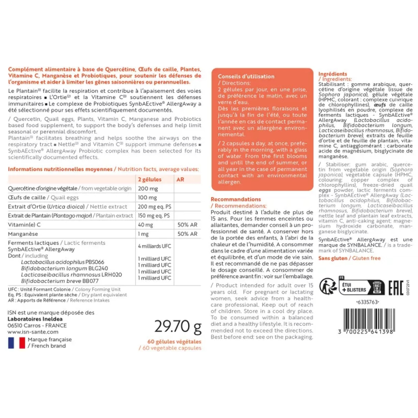 INELDEA SANTE NATURELLE - Allerbiol - Complément alimentaire - Aide à préserver le confort respiratoire et à faciliter la respiration en cas de gênes saisonnières ou perannuelles - Cure 30 jours